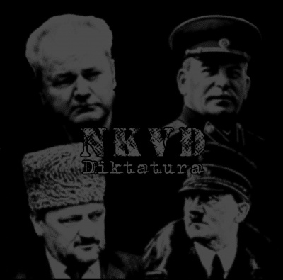 Imagem a preto e branco com retratos de quatro homens e o texto NKVD Diktatura
