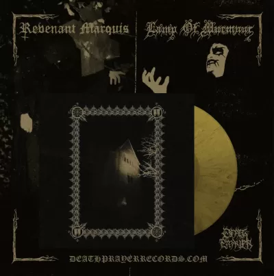 Capa de vinil preta com vinil amarelo e texto gótico