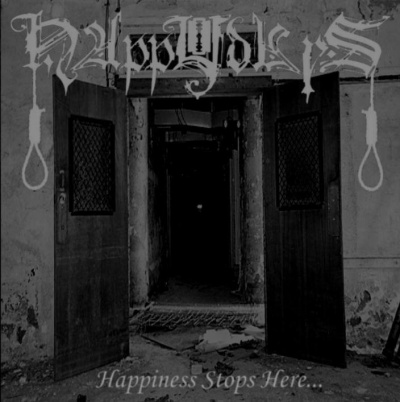 Capa de álbum com duas portas abertas sobre ambiente escuro e texto 'Happiness Stops Here...'.