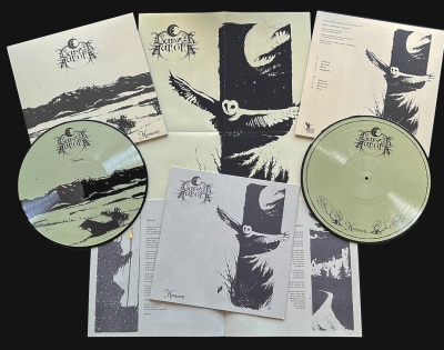 Discos em vinil transparentes verdes com capas e folhas ilustradas em preto e branco com tema de coruja e figura com chapéu