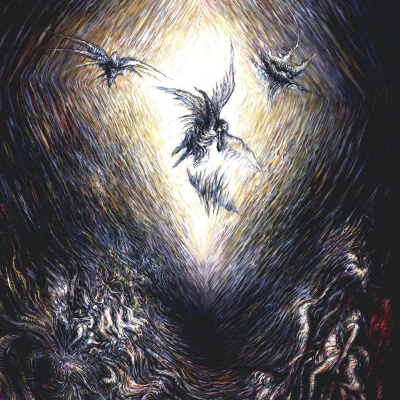 Arte com figuras aladas e formas humanas em tons escuros e luz central intensa