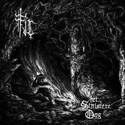 Capa de álbum a preto e branco com figuras humanas esqueléticas junto a fogo numa caverna e texto 'Het Sinistere Oog'.