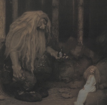 Duas figuras estilizadas numa floresta escura, um gigante loiro e outra menor sentada.