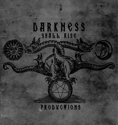 Logótipo 'DARKNESS SHALL RISE PRODUCTIONS' com design de sol, lua, criatura e estrela pentagonal