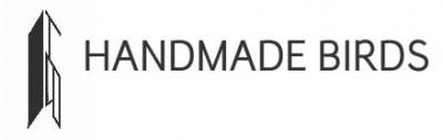 Logótipo preto de pássaro geométrico com texto HANDMADE BIRDS