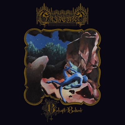 Capa de álbum com seres azuis em cenário rochoso e texto dourado