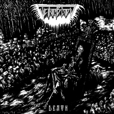 Capa de álbum preto e branco com esqueleto numa cadeira e texto 'VOROSITY' e 'DEATH'.