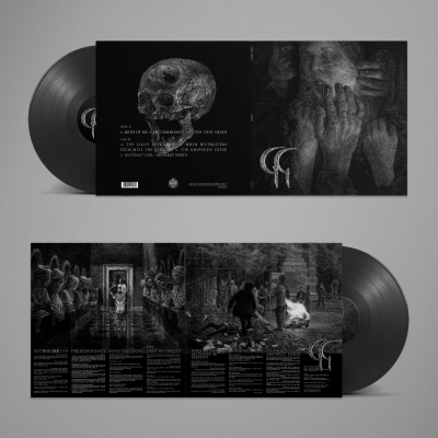 Disco de vinil preto com capa dupla e imagens artísticas cinzentas incluindo crânio, mãos e figuras