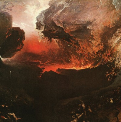 Pintura dramática com nuvens vermelhas e figuras humanas pequenas na parte inferior