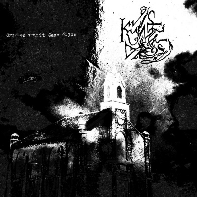 Igreja antiga em preto e branco com texto e logotipo estilizado no céu nublado