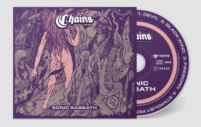 Capa e disco CD roxos com ilustração de figura feminina e texto CHAINS SONIC SABBATH e faixas numeradas