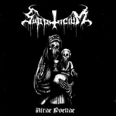 Desenho branco em fundo negro de figura feminina esquelética com criança e texto 'ultra poenae'