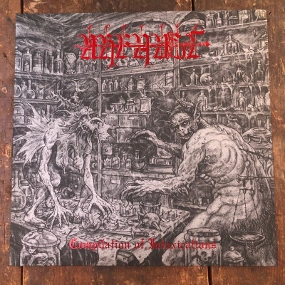 Capa de álbum de vinil com ilustração de monstros em laboratório e texto vermelho