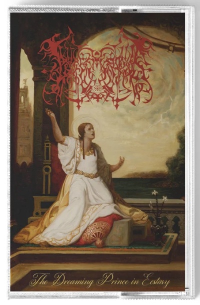 Capa de álbum com pintura clássica de uma figura em trajes brancos e dourados, texto estilizado vermelho e título em dourado