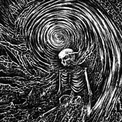 esqueleto humano com vórtice circular em preto e branco
