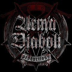 Design gráfico gótico com texto 'DEMON DIABLO productions' em fundo preto e elementos simétricos em cinza e vermelho