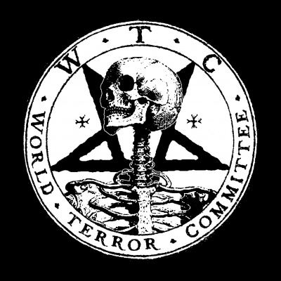 Logótipo preto e branco com esqueleto e estrela de cinco pontas, texto 'WORLD TERROR COMMITTEE'