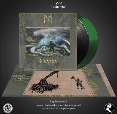Disco vinil LP com capa cinza e dourado, ilustração e texto 'SYN' e 'Villfarelse', disco preto e verde transparente e poster em fundo cinza.