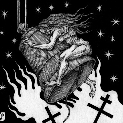 Desenho em preto e branco de uma figura esquelética montada numa campainha com cruzes e estrelas ao fundo