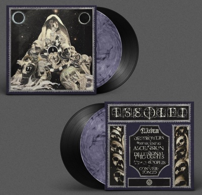 Discos de vinil com capas decoradas e texto de músicas e título