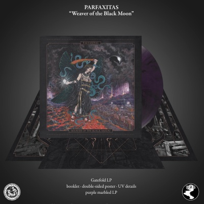 Disco de vinil duplo 'PARFAXITAS Weaver of the Black Moon' com capa ilustrada e disco roxo marmoreado