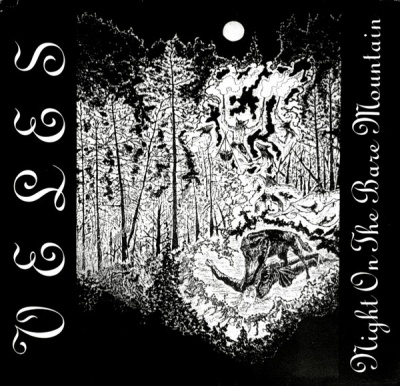 Capa de álbum preta com desenho de floresta e figura em chamas com texto SEES & S e Night On The Bare Mountain