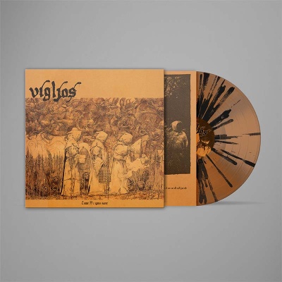 Vinil castanho com capa laranja e ilustração de figuras encapuzadas