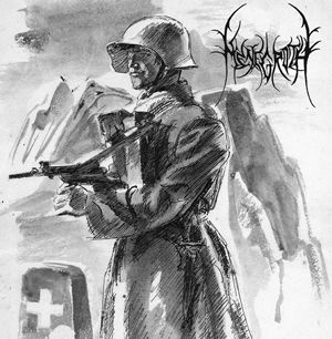 Ilustração em preto e branco de soldado com arma e capacete