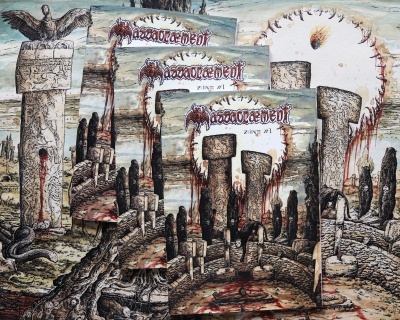 Capas do álbum 'Management' da banda 'Zinc 11' com arte de pilares de pedra e sangue