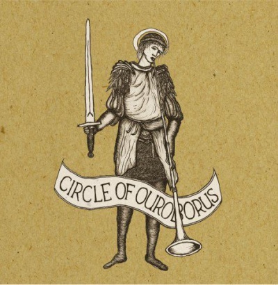 Desenho vintage de figura medieval com espada e trompete, com texto 'CIRCLE OF OUROBORUS'