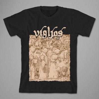 T-shirt preta com estampa frontal de figuras encapuzadas e texto vidhos