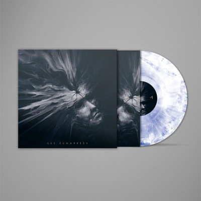 Disco de vinil branco com manchas cinzentas e capa com arte abstrata e rosto humano