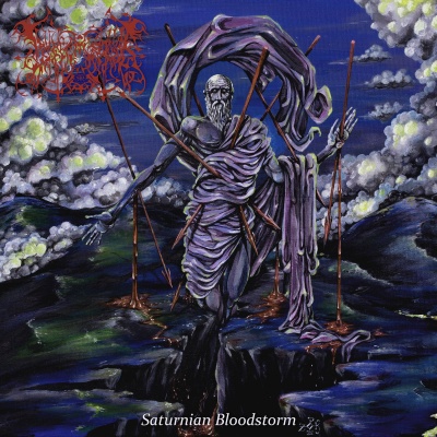 Capa de álbum com figura envelhecida perfurada por lanças em paisagem noturna surreal com texto Saturnian Bloodstorm