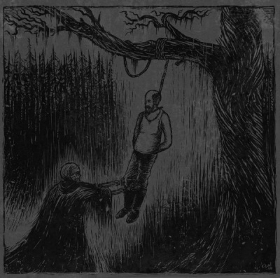 Ilustração a preto e branco de dois homens na floresta, um enforcado numa árvore e outro segurando a corda