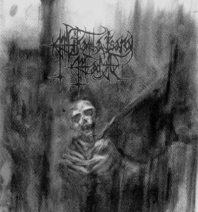 Imagem em tons de cinza com figura esquelética e texto estilizado negro