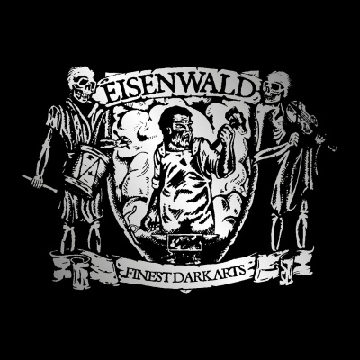 Design gráfico em preto e branco com figuras esqueléticas e textos EISENWALD e FINEST DARK ARTS