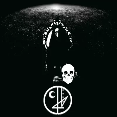 Imagem em preto e branco com figura de esqueleto, crânio, espelho decorativo e símbolo circular com letra C.