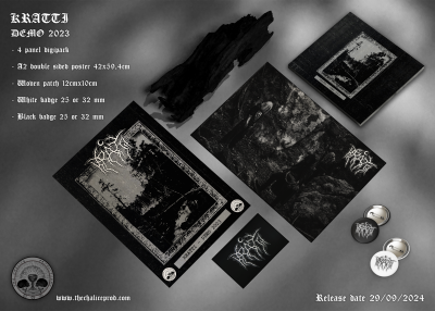 Conjunto KRATTI DEMO 2023 com poster, botons, booklet e patches em preto e branco sobre superfície sombreada