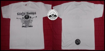 Camiseta branca com estampado preto 'Celestial Bloodshed' e logótipo na parte traseira.