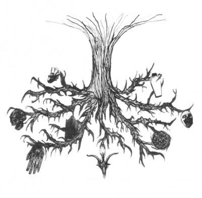 Ilustração de árvore e raízes com máscaras e luvas desenhadas em tinta negra
