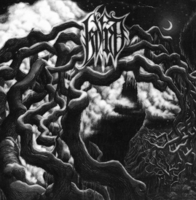 Capa de álbum com árvores retorcidas e lua crescente em preto e branco