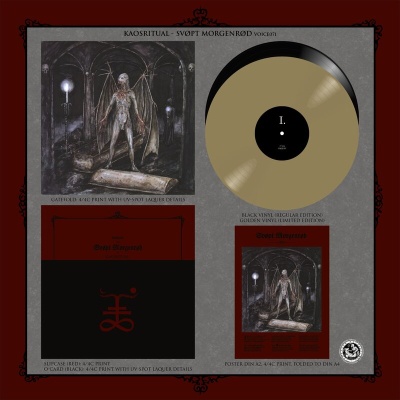 Disco de vinil dourado com capa de álbum dark e poster em fundo vermelho escuro