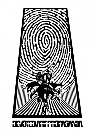 Desenho preto e branco de impressão digital com figura humana e texto invertido em baixo