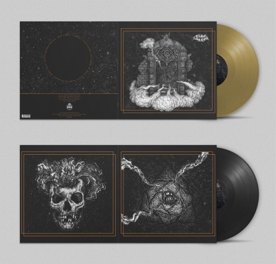 Discos de vinil dourado e preto com capas negras e arte branca abstrata.
