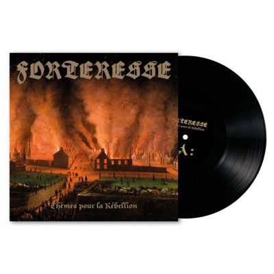 Disco de vinil com capa de incêndio e texto gótico Forteresse