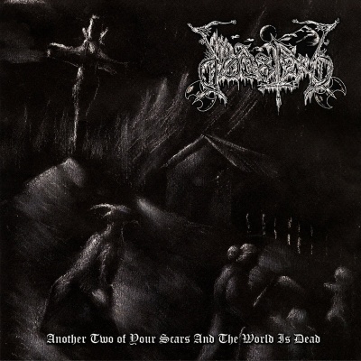 Capa de álbum escura com figuras humanas, símbolos e texto gótico