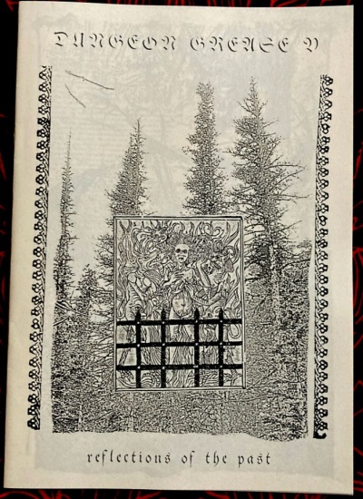 Capa em preto e branco com ilustração de figura esquelética e árvores altas, texto Dungeon Grease 9 e reflections of the past