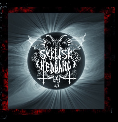 Ilustração de dragão com texto em círculo negro e fundo abstrato cinzento com moldura vermelha