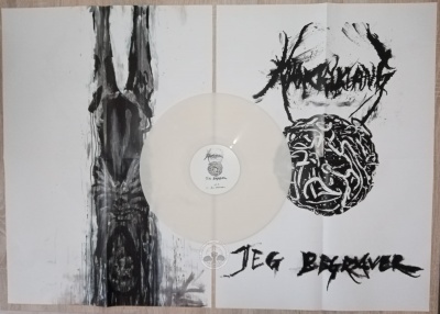 Disco de vinil branco translúcido com arte de capa em preto e branco aberta com desenhos abstratos e texto 'Jeg Bærer'.
