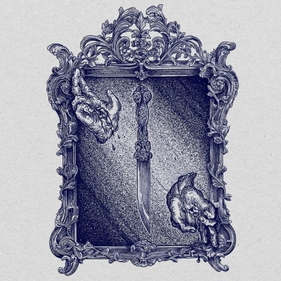 Desenho azul de quadro ornamentado com punhal e mãos realistas.